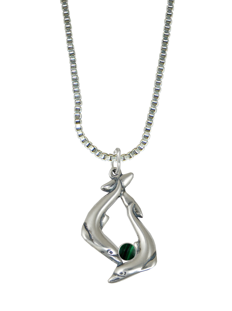 Sterling Silver Dolphins Pendant With Malachite